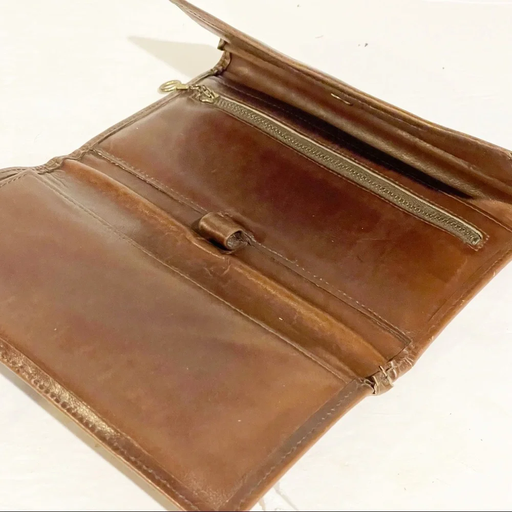 Gucci Vintage Brown Leather Cloth Wallet‎ Check Holder Snap Zipper